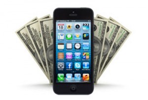 Picture of a phone in front of dollar bills.