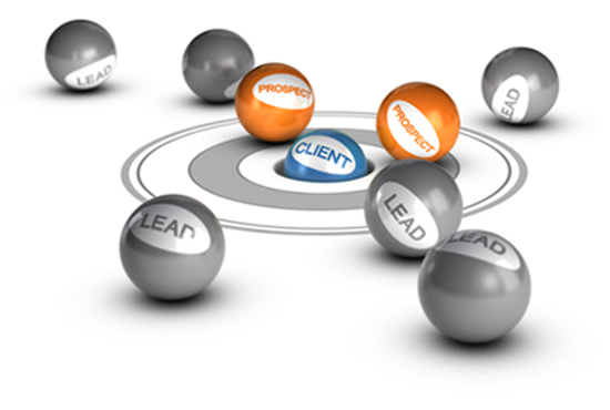 Billiard balls labeled as leads, prospects and clients for B2B lead generation.