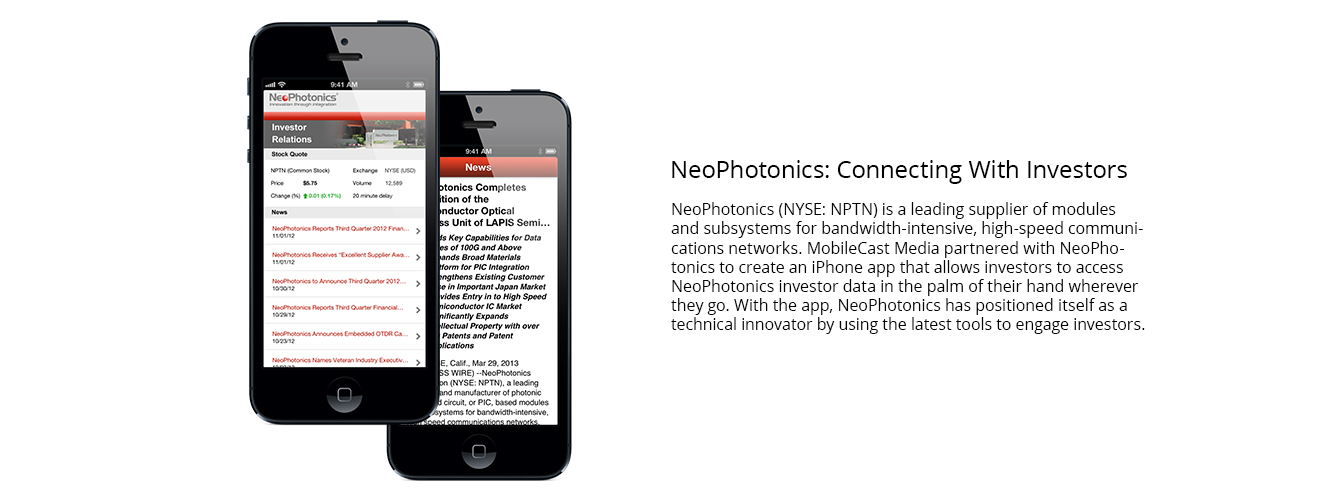 NeoPhotonics investor relations app developed by MobileCast Media.